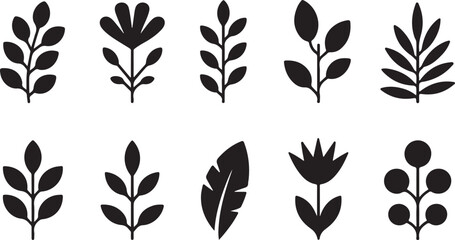 Fototapeta premium Set of ten monochrome simple floral elements minimal botanical silhouettes collection