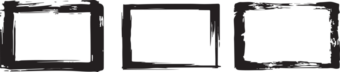 Obraz premium Set of three abstract ink stroke squares on transparent background brush frames collection