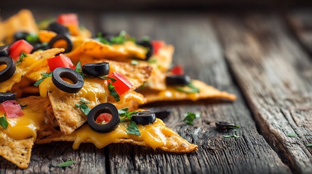 Loaded nachos with melted cheese and olives for a sports bar food menu background.