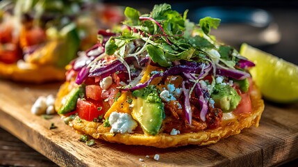 Close up of two tostadas topped with avocado, cabbage, tomatoes, cheese, and fresh greens