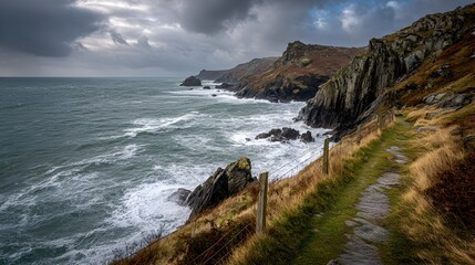 Rugged coastal footpath traces the dramatic edge of steep cliffs where powerful ocean waves crash against dark rocks under a stormy sky.