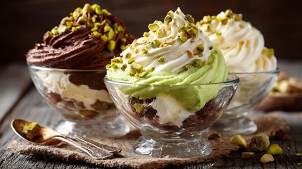 Three dessert glasses filled with layered cream and pistachio toppings on a wooden surface