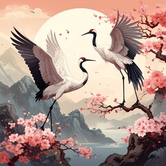Elegant cranes with open wings amidst cherry blossoms and mountain landscape
