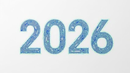 Year 2026 numbers with digital circuit board design, isolated on white background