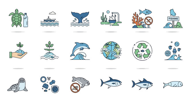 Collection of Colorful Marine Life and Environmental Icons.