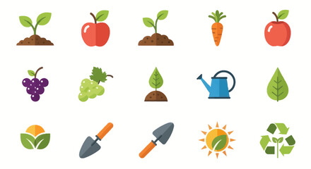 Collection of Flat Icons Representing Gardening and Healthy Food.