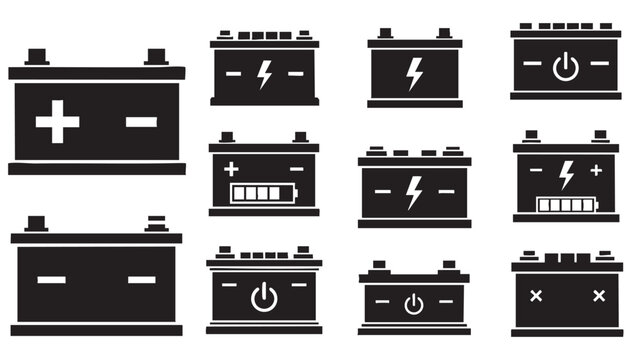 Collection of car battery icons with different charge statuses and symbols