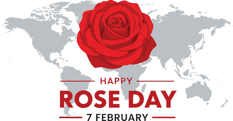 Happy Rose Day February 7 vector illustration featuring a large red rose over a grey world map background.