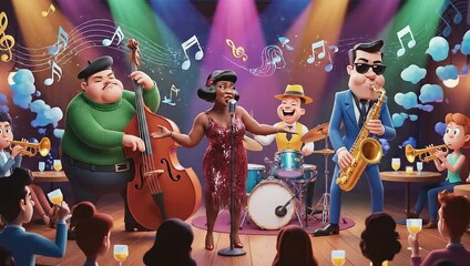 A vibrant jazz band performs live on stage in a lively club, captivating the audience with their soulful music and energetic presence.