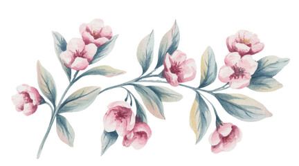 Graceful flowering branch with subtle pink blooms in natural hand-painted watercolor style.  © Sadhana