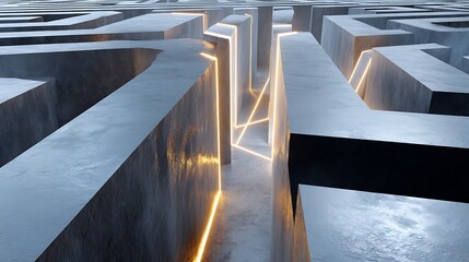 Abstract labyrinth with glowing pathway through concrete maze structure