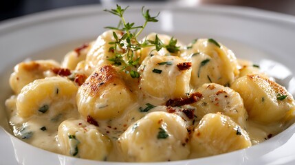 A bowl of creamy gnocchi with herbs and sun dried tomatoes in a white bowl close up shot food