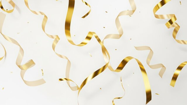 Shiny golden ribbons and confetti falling isolated on white background