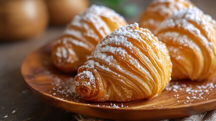 Close up of three croissants dusted with powdered sugar on a wooden plate surface in soft light