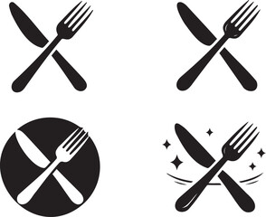 Set of 4 Black Crossed Knife and Fork Utensil Icons Vector isolated PNG with Transparent Background