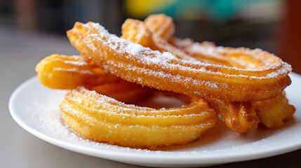 A close up shot of churros stacked on a white plate dusted with powdered sugar sweet treat dessert