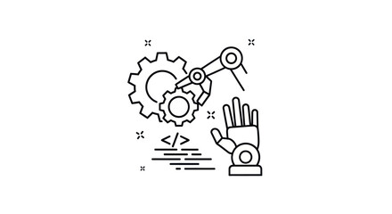 Robotic Arm Manipulating Gears with Code and a Robotic Hand Black and White Line Art.
