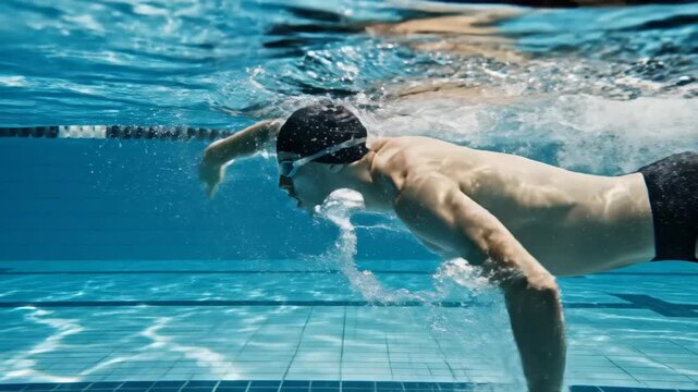 Professional male swimmer performing crawl stroke underwater photography collage