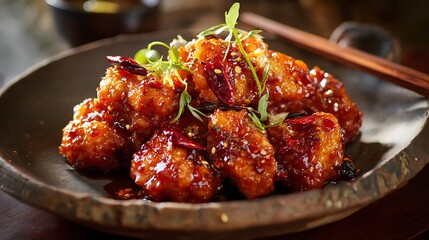 Close up of orange chicken dish garnished with greens and red peppers on a dark plate with chopsticks