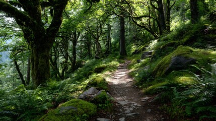 Fototapeta premium Sunlit forest path winding through dense ancient moss covered trees and lush green ferns creating an inviting trail for hiking exploration