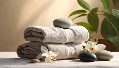 Spa scene with bath towels, stones and flowers