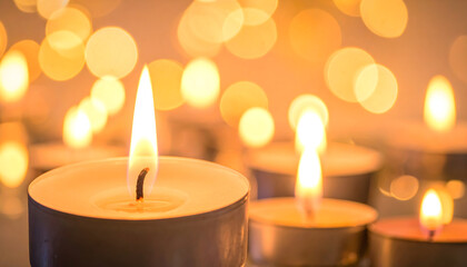 A scene of many lit candles in the dark