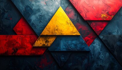 Abstract geometric composition with layered triangular shapes in red, yellow, and blue tones on a textured dark background, creating a bold, modern, and dynamic visual design.