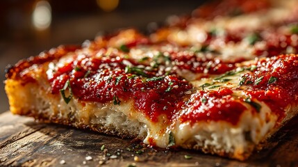 Close up of a slice of square pizza with tomato sauce cheese and herbs on a wooden surface