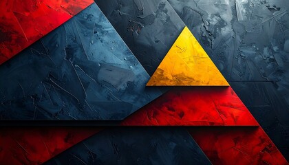 Abstract geometric composition with layered triangular shapes in red, yellow, and blue tones on a textured dark background, creating a bold, modern, and dynamic visual design.