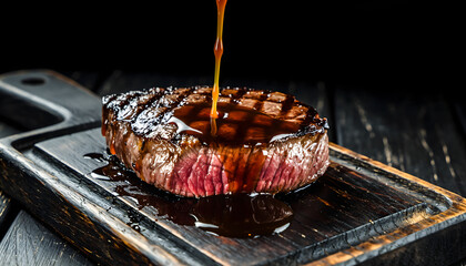 Close-up of a grilled steak on a wooden cutting board being drizzled with brown sauce in a dark setting.