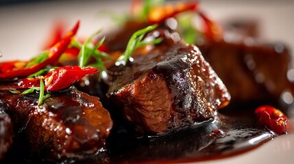Close up of glazed meat chunks with red chili peppers and green herbs on a white surface