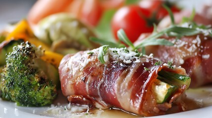 Close up of prosciutto wrapped zucchini rolls with broccoli and tomatoes on a white plate