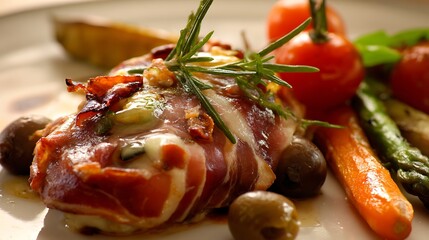 Close up of prosciutto wrapped food with rosemary, tomatoes, asparagus, and olives on a white plate