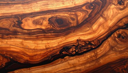 Abstract close-up of richly textured natural wood grain with flowing organic patterns in warm brown and golden tones, showcasing depth, contrast, and earthy elegance.
