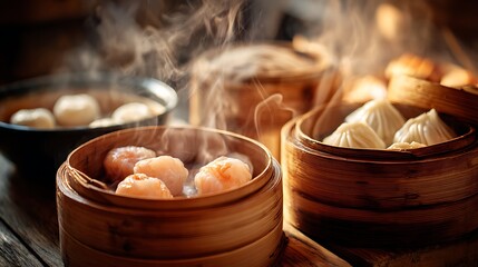 Close up of steaming dim sum in bamboo steamers ready to eat on a wooden surface with a dark background