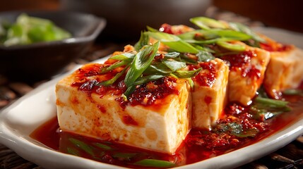 Close up of mapo tofu dish with green onions and chili oil on a white plate delicious looking food