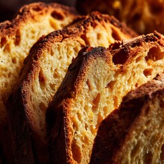 Close up of several slices of golden brown bread with a porous texture and slightly darkened crusts