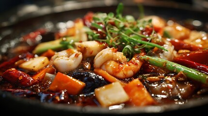 Close up of a dish featuring shrimp, vegetables, and a rich, dark sauce garnished with greens