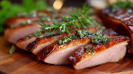 Close up of sliced duck breast with herbs on a wooden board ready to be served as a delicious meal