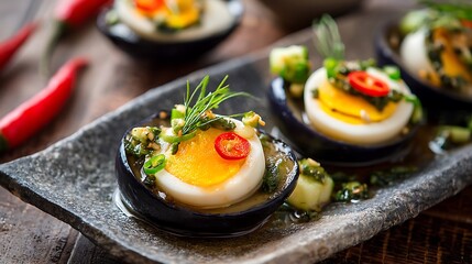 Close up of deviled eggs garnished with herbs and chili peppers on a gray stone serving platter