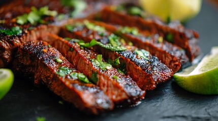 Close up of sliced grilled steak with green herb garnish and lime wedges on a dark surface plate