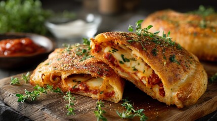 Close up of a sliced calzone with cheese and tomato sauce on a wooden cutting board and fresh herbs
