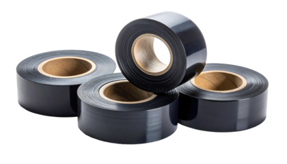 Four rolls, black shiny tape, brown cores, dark backdrop