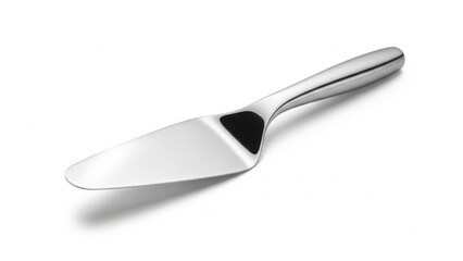 Polished stainless steel cake server with sleek triangular blade and ergonomic handle resting on a white background, ideal for neatly slicing and lifting cakes, pies, and tarts at parties and celebrat