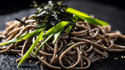 Close up of soba noodles with seaweed and scallions on a dark plate in soft studio lighting