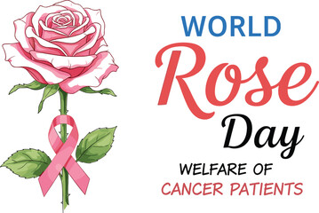 World Rose Day vector illustration featuring pink rose with awareness ribbon for cancer patient welfare and solidarity commemorative design.