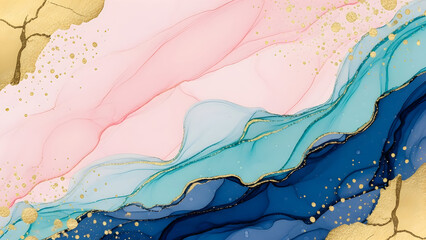 Naklejka premium Dynamic Abstract Alcohol Ink Art Background with Pink, Blue, and Gold Glitter in Diagonal Flow