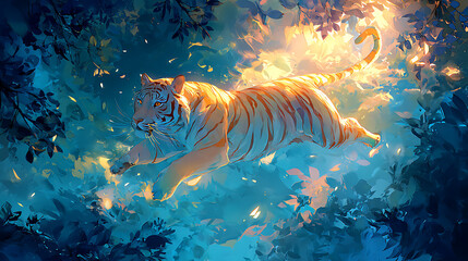 A glowing tiger leaping through an unbounded jungle, embodying wild freedom. (3)