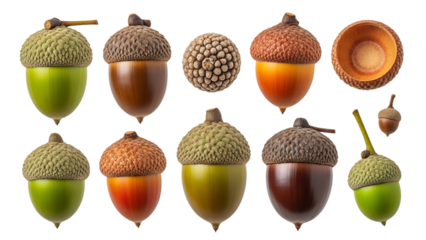 acorns with different colors and shapes isolated on white background transparent background