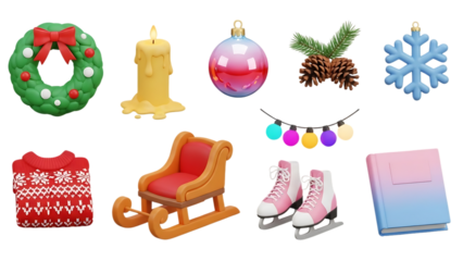 christmas objects and decorations on white background transparent background